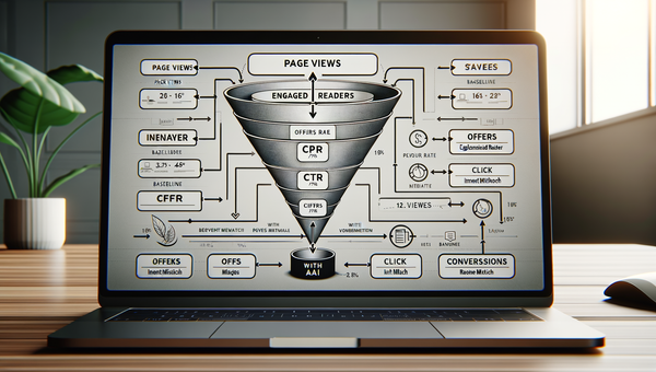 Content monetization funnel comparing baseline vs AI-enhanced flows with annotated drop-offs.
