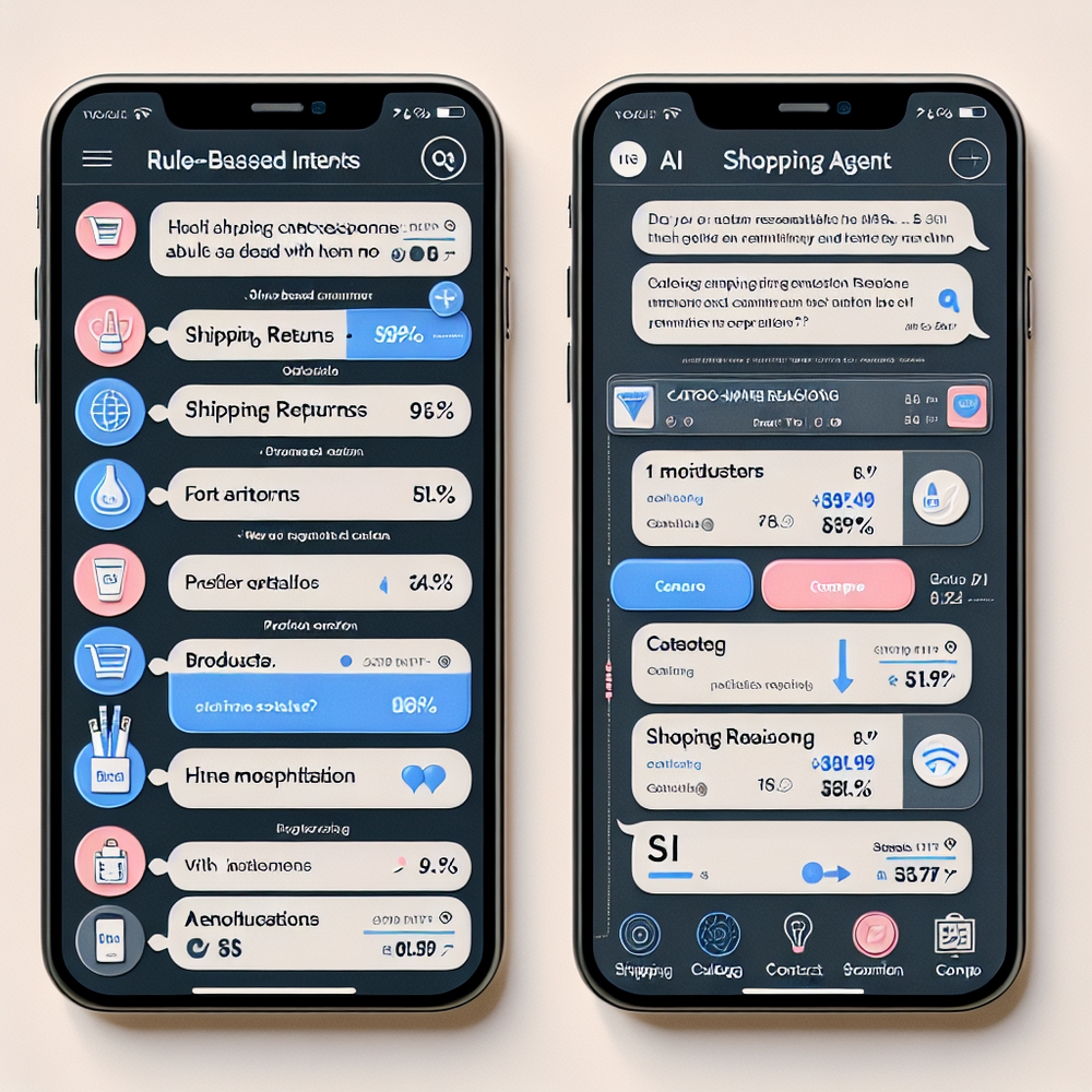 Side-by-side UX: rule-based Shopify chatbot vs catalog-aware AI shopping agent