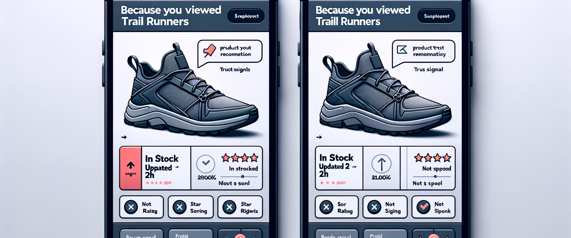 Side-by-side recommendation tiles highlighting trust signals like why-this, freshness, reviews, and sponsorship labeling.