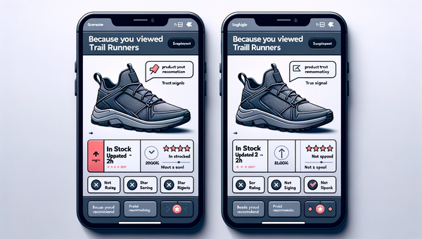 Side-by-side recommendation tiles highlighting trust signals like why-this, freshness, reviews, and sponsorship labeling.