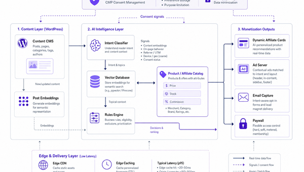 Diagram of an AI monetization architecture showing content embeddings, intent classification, catalog matching, and outputs like dynamic affiliate cards, ads, and email capture.