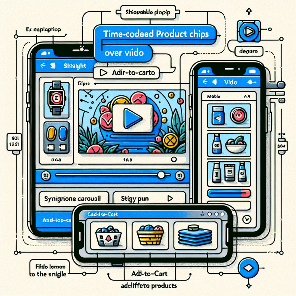 Annotated UX diagram of a shoppable video player with time-coded product chips, synchronized carousel, and sticky add-to-cart.