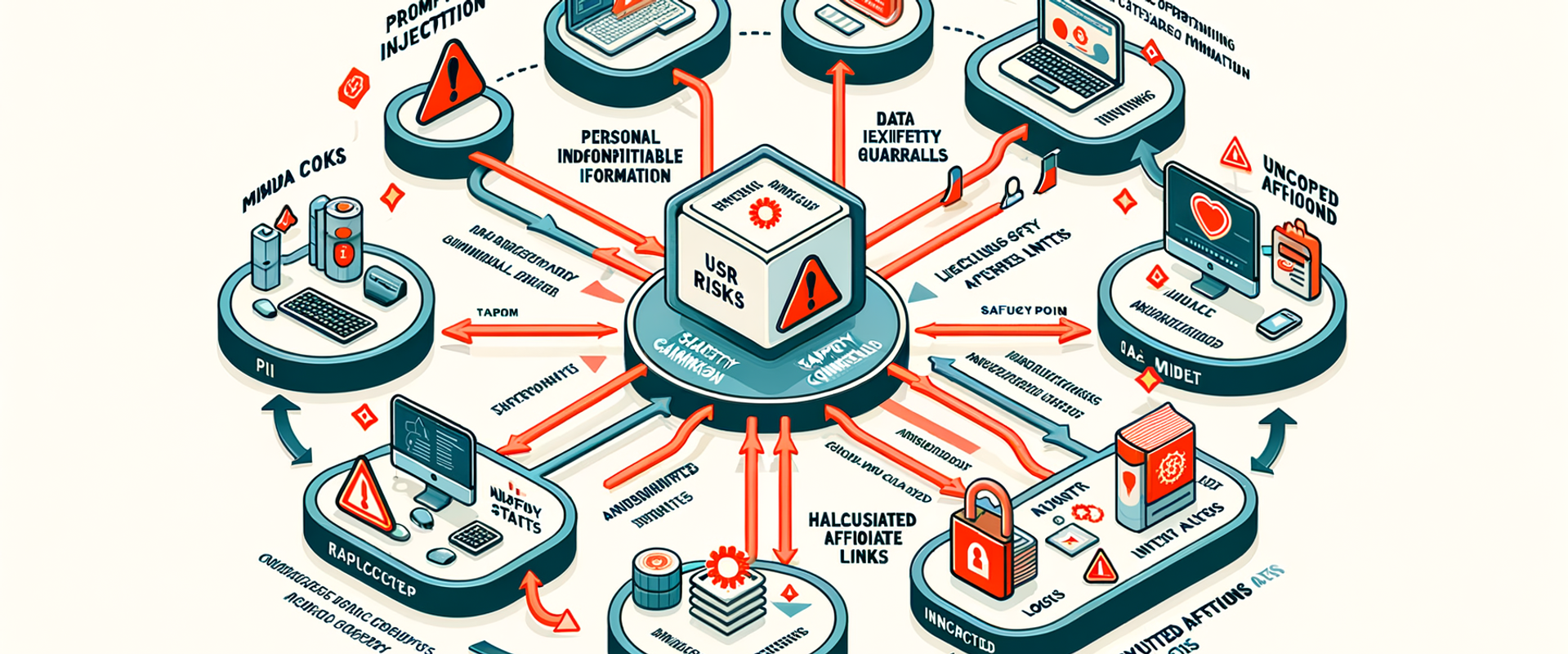 Diagram of typical agentic commerce risk points: injection, leakage, undisclosed links, unscoped actions.