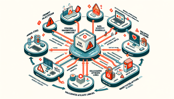 Diagram of typical agentic commerce risk points: injection, leakage, undisclosed links, unscoped actions.