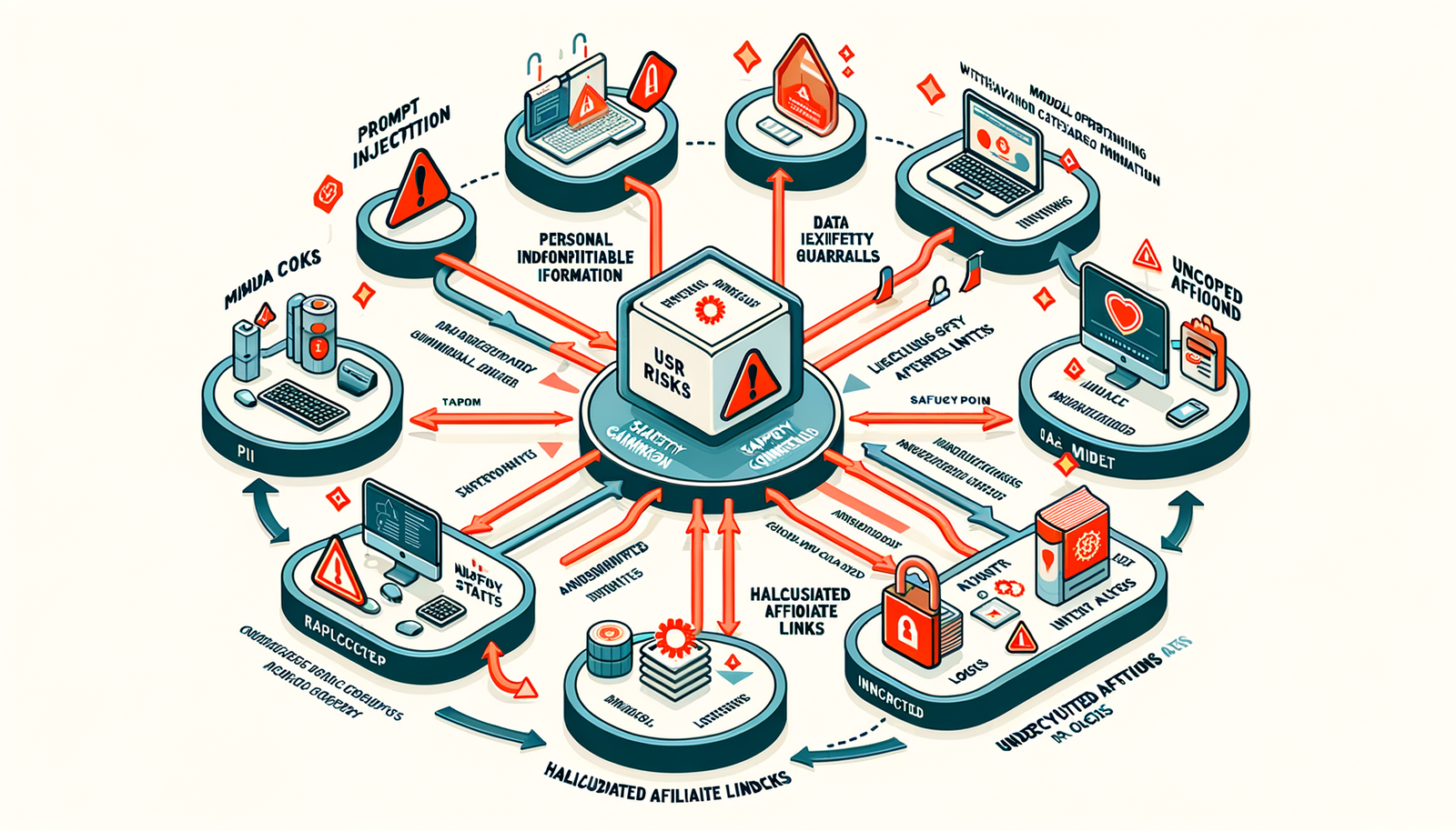Diagram of typical agentic commerce risk points: injection, leakage, undisclosed links, unscoped actions.
