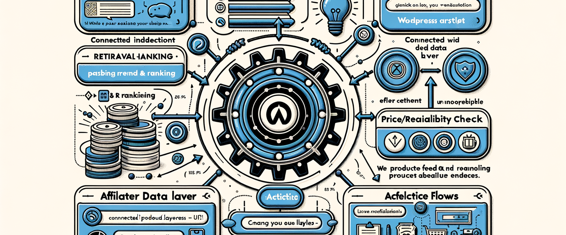 Diagram of agentic commerce flow connecting WordPress content to product data and actions.