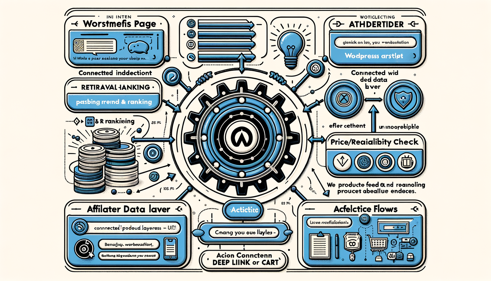 Diagram of agentic commerce flow connecting WordPress content to product data and actions.