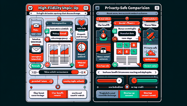 Diagram contrasting intrusive pop-ups with embedded, privacy-safe value exchange cards.