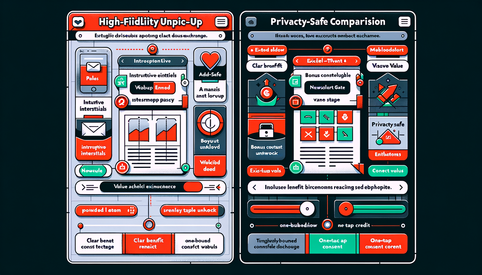 Diagram contrasting intrusive pop-ups with embedded, privacy-safe value exchange cards.