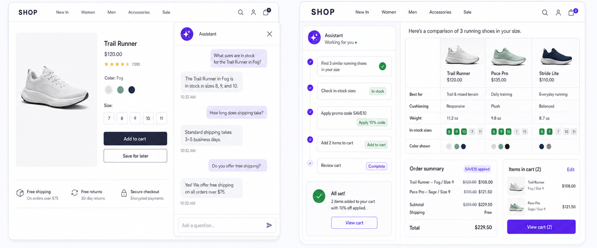 Side-by-side UI: Q&A chatbot vs agentic commerce performing comparisons and cart actions.