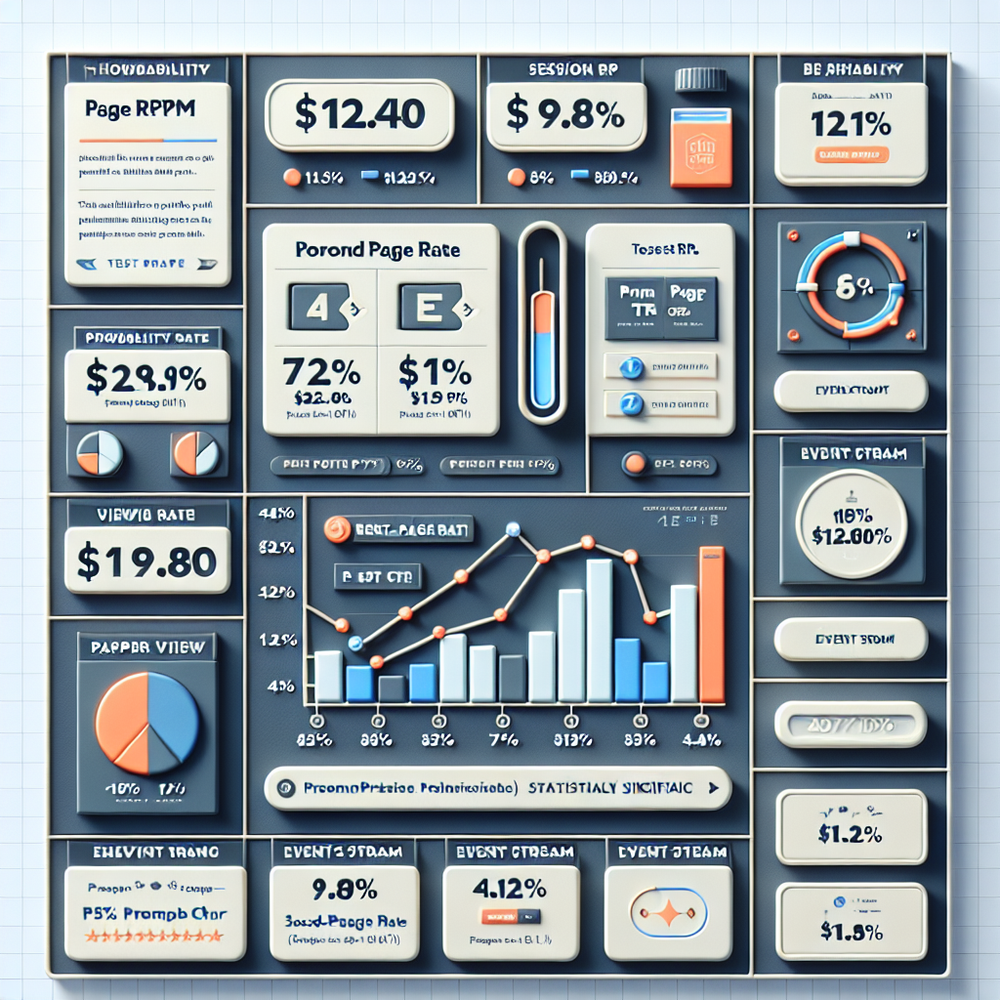 KPI dashboard visualizing RPM lift, viewability gains, and second-page rate during a prompt experiment.