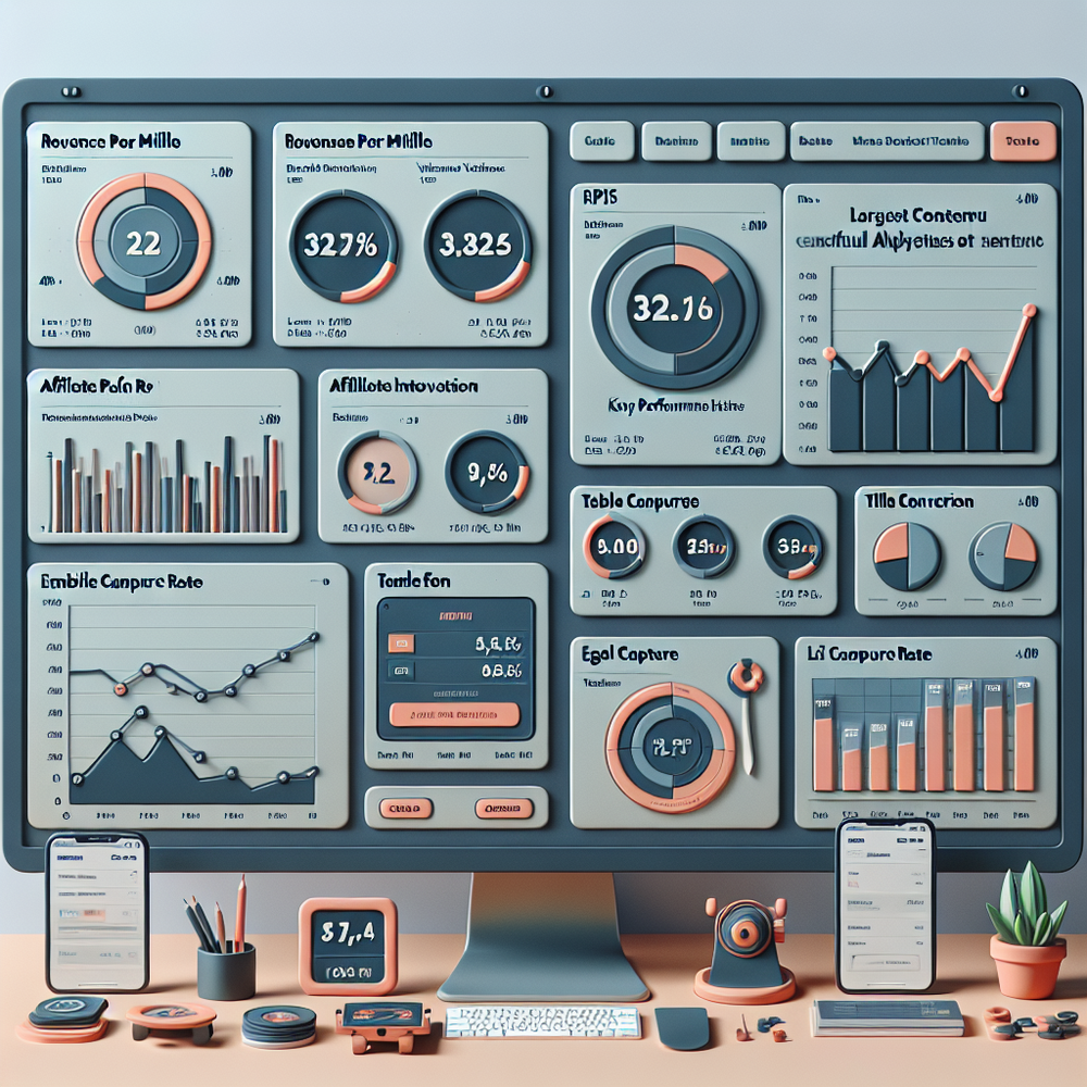Analytics dashboard showing RPM, EPMV, affiliate conversions, email captures, and Core Web Vitals before and after a template rollout.