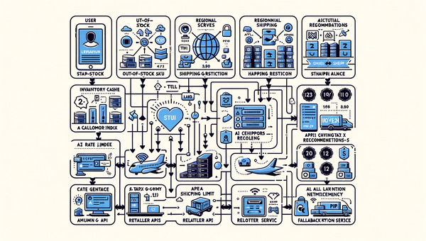 Diagram highlighting common failure points in agentic commerce: inventory drift, shipping rules, rate limits, and PII controls.