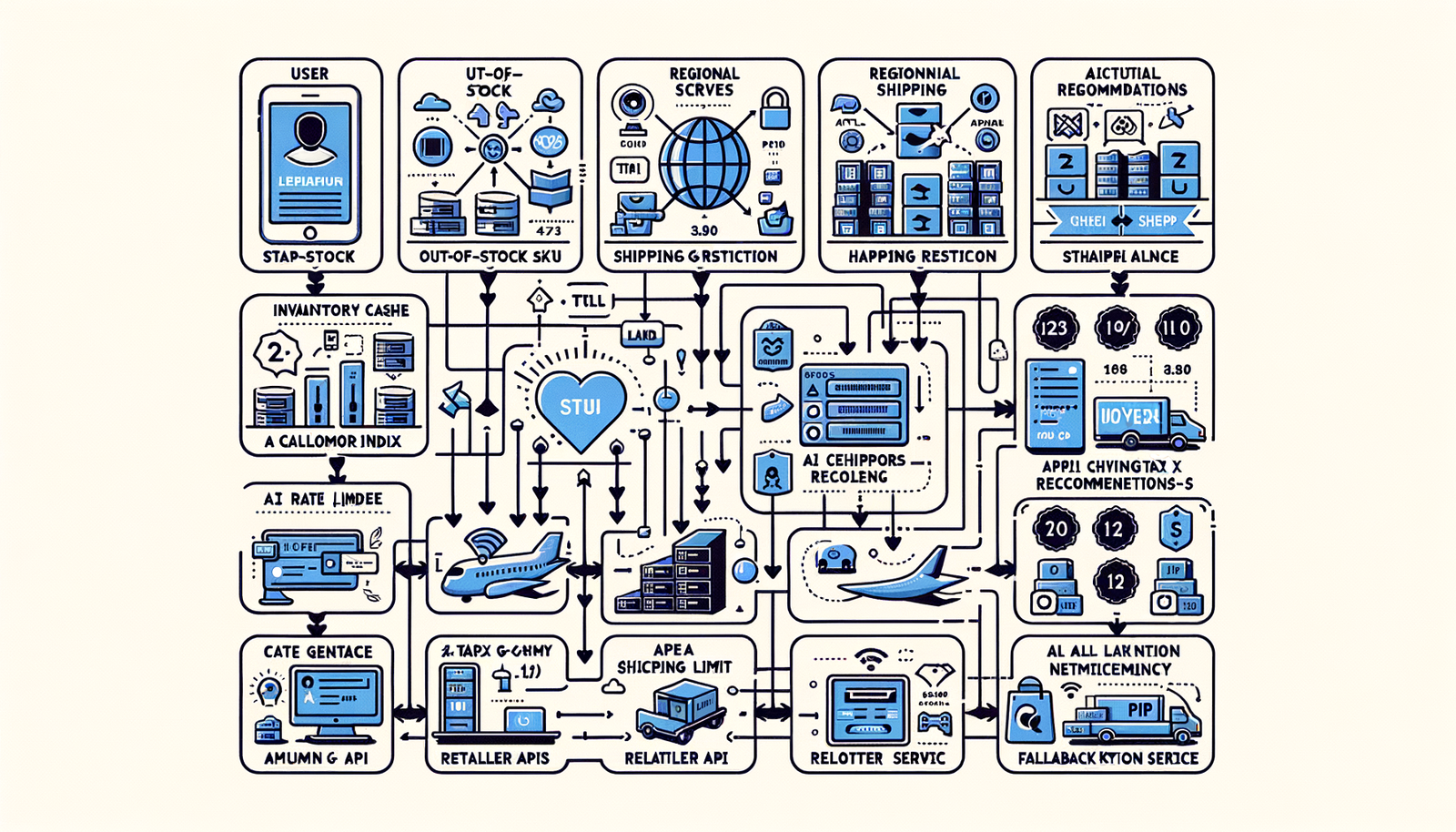 Diagram highlighting common failure points in agentic commerce: inventory drift, shipping rules, rate limits, and PII controls.