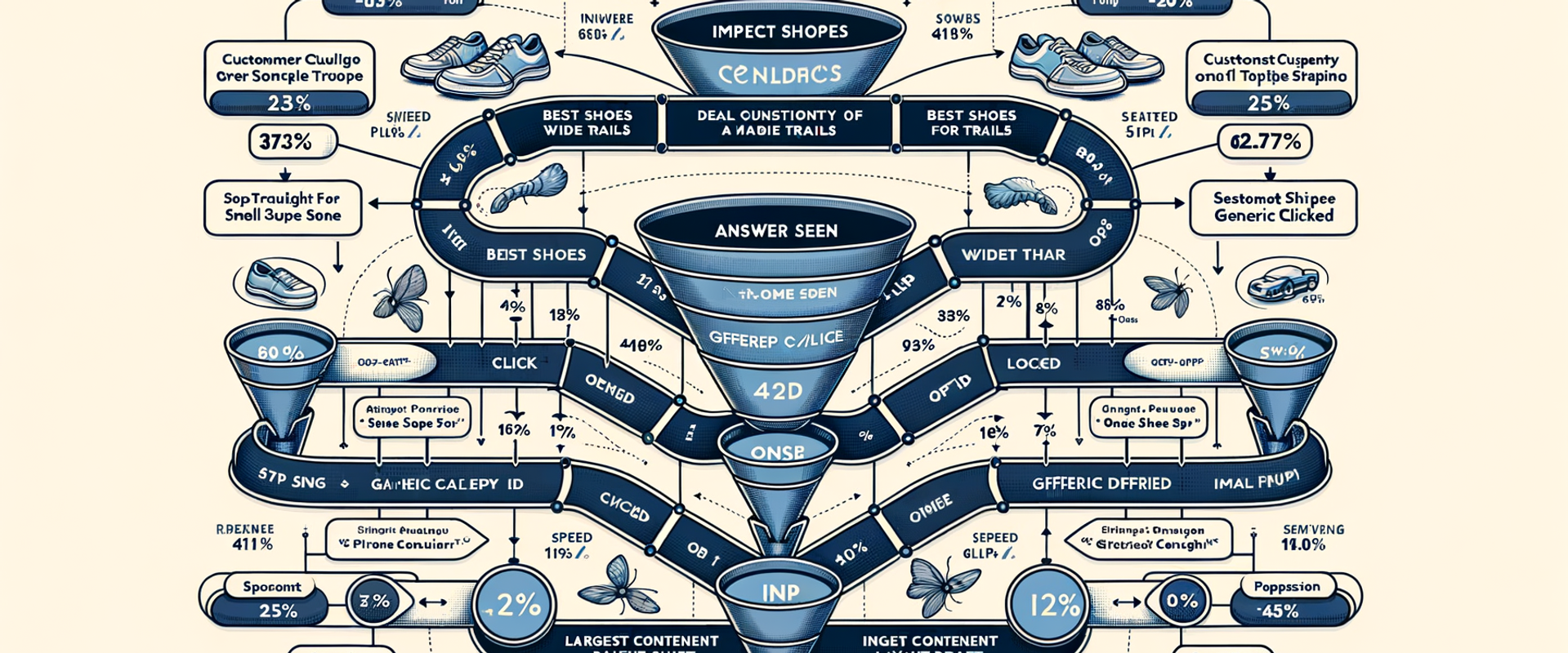 Diagram of a long-tail search funnel showing micro-queries, drop-offs, and friction points affecting monetization.
