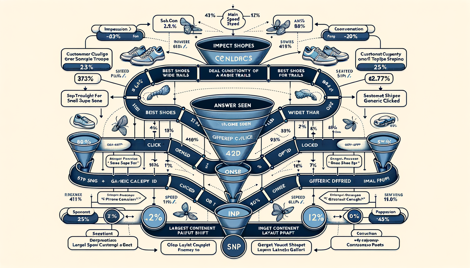 Diagram of a long-tail search funnel showing micro-queries, drop-offs, and friction points affecting monetization.