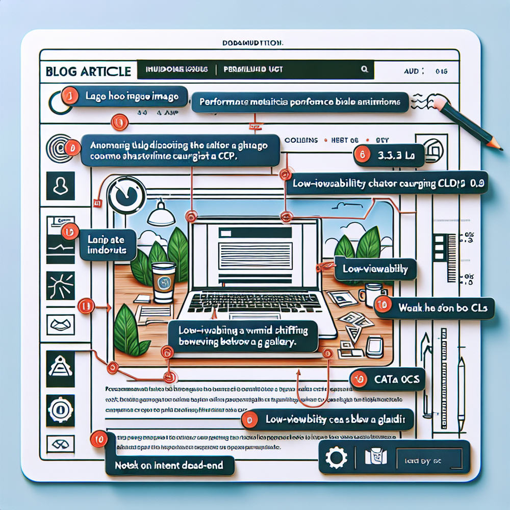 Annotated blog layout highlighting slow LCP, CLS shifts, low-viewability slots, and weak CTAs.