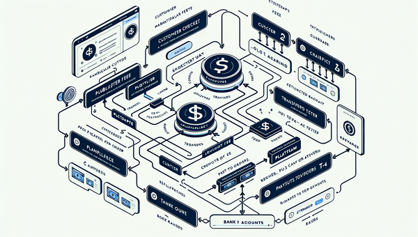 Diagram of a Stripe Connect payout flow for a publisher marketplace with programmatic splits and transfer reversals.