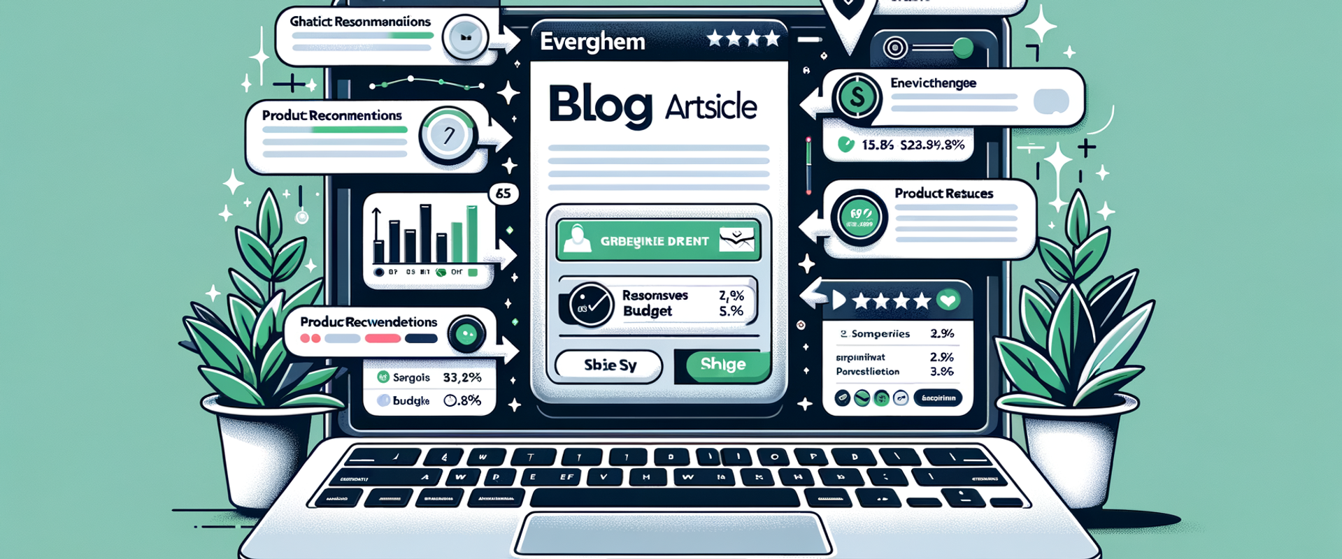 Diagram of an evergreen article with a shoppable chat recommending products and showing analytics.