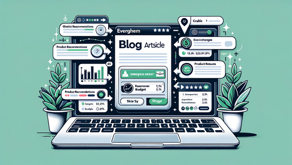 Diagram of an evergreen article with a shoppable chat recommending products and showing analytics.