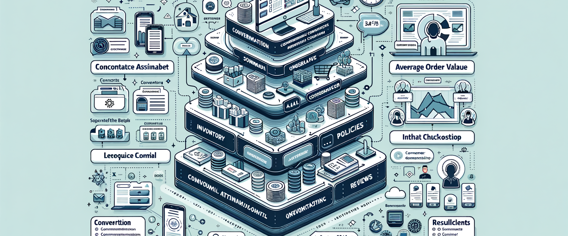 Architecture of a conversational commerce system with catalog, policies, assistant, and in-chat checkout connected across channels.