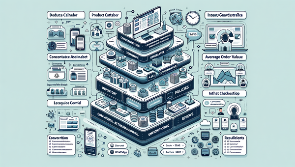 Architecture of a conversational commerce system with catalog, policies, assistant, and in-chat checkout connected across channels.