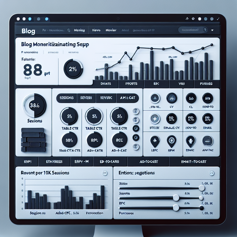 KPI dashboard mockup visualizing CTR, EPC, RPM, and email conversions per article with performance metrics.