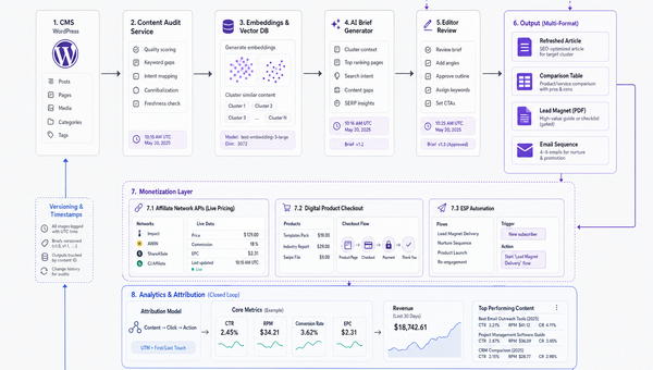 Architecture diagram of an AI content refresh and monetization pipeline from CMS to analytics.