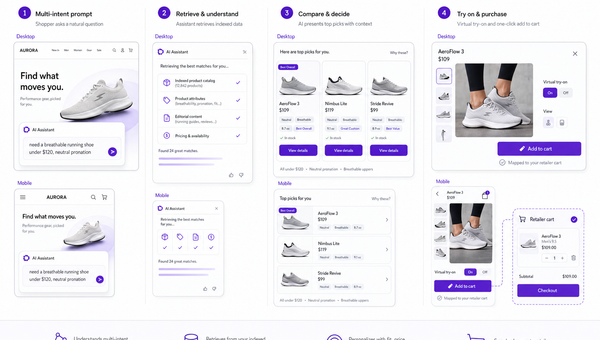 Storyboard of a modern shopping agent flow from query to comparison, try-on, and add-to-cart.