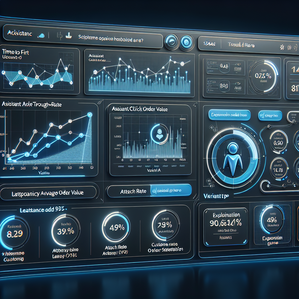 Assistant performance dashboard showing CTR, AOV, attach, and latency trends.