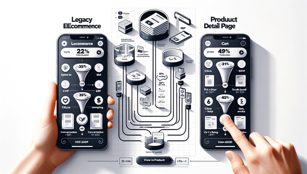 Diagram contrasting a multi‑click filter flow with an agentic chat‑to‑cart flow and annotated KPI improvements.