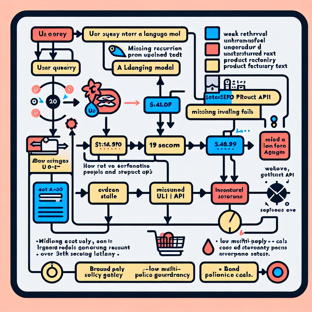 Diagram highlighting common failure points in AI shopping agents: weak grounding, no inventory, and high latency.