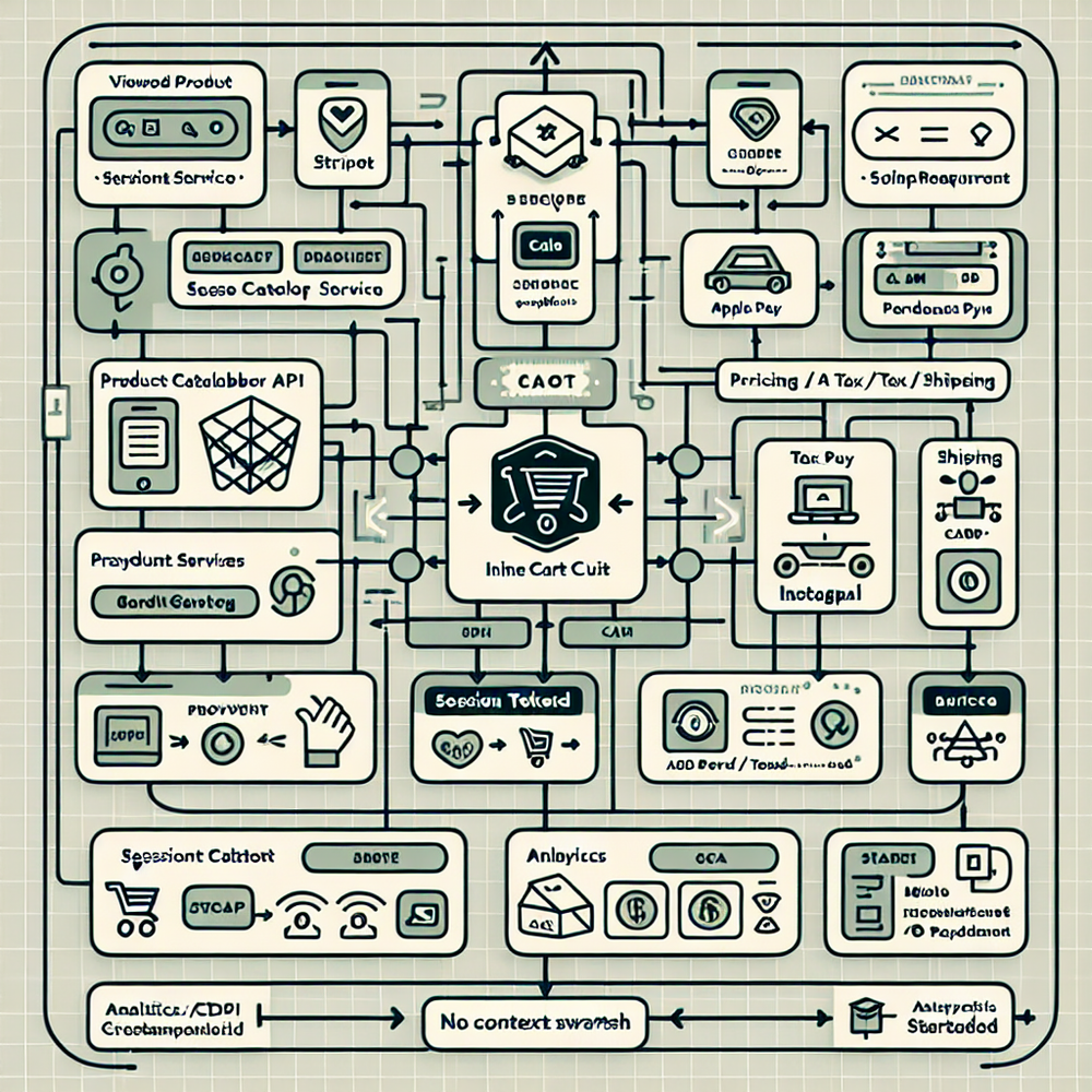 Architecture diagram showing chat client, inline cart UI, commerce services, payments, and analytics connected without context switches.