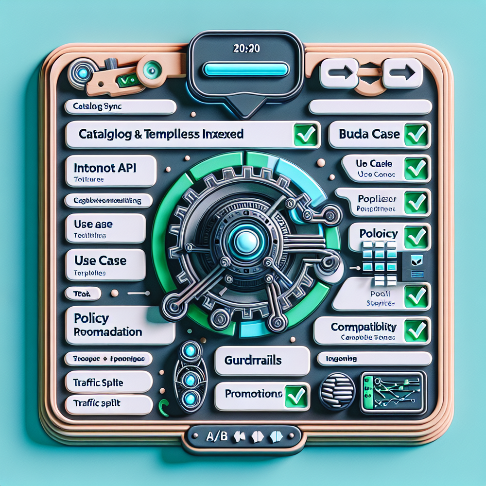 WordPress plugin setup screen with catalog sync, intents, guardrails, integrations, and A/B traffic split controls.