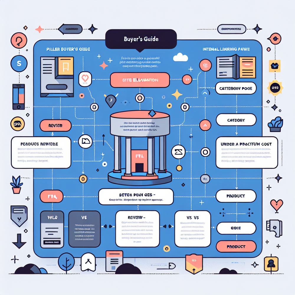 SEO-focused site map for a buyer’s guide hub with internal linking and schema