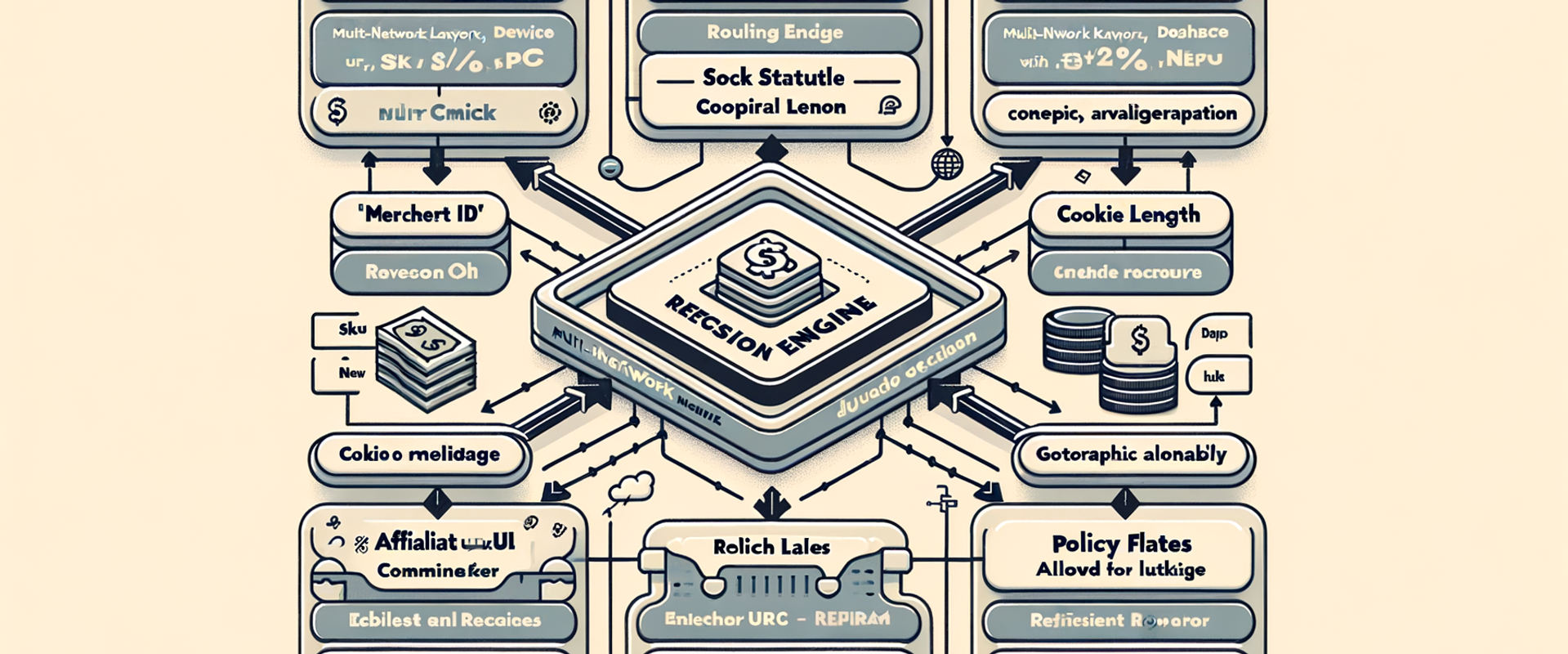 Architecture diagram of a multi-network affiliate router showing inputs, decision rules, and the final routed link.
