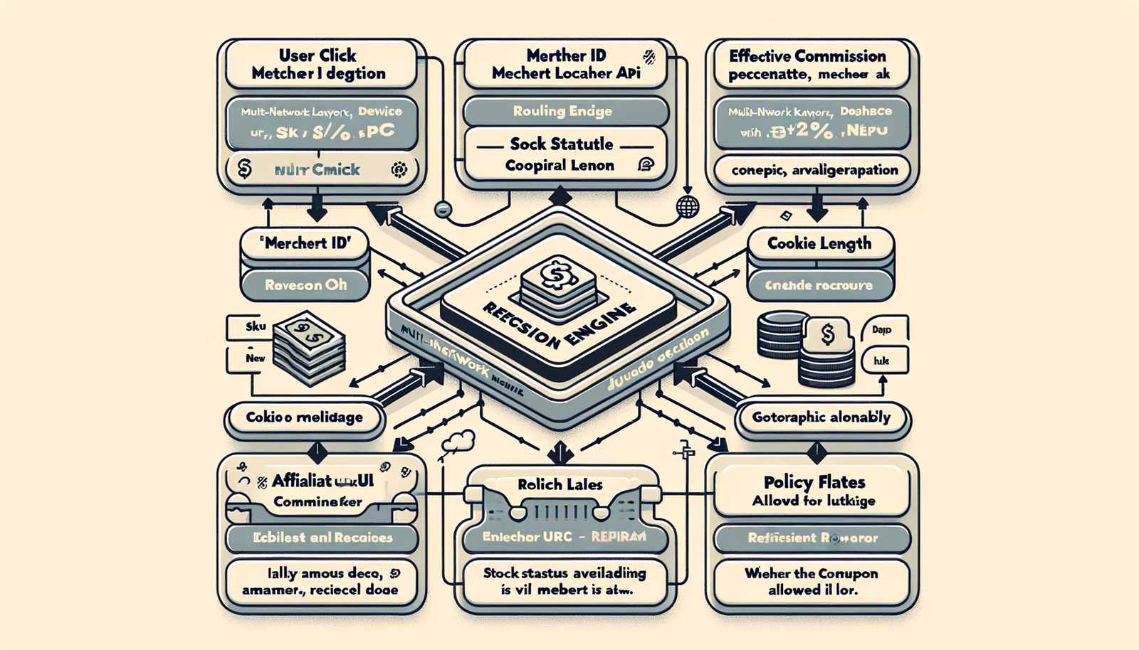 Architecture diagram of a multi-network affiliate router showing inputs, decision rules, and the final routed link.