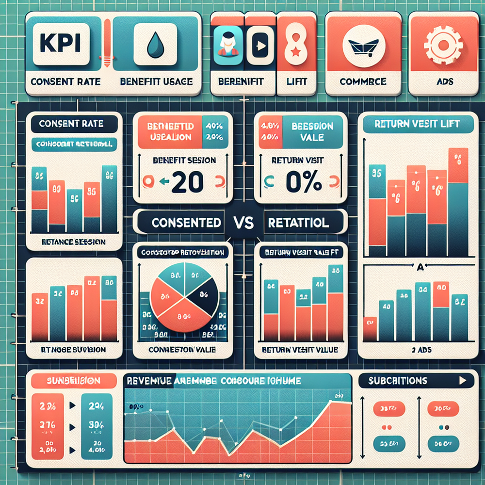 KPI dashboard visualizing consent rate, usage, cohort retention, and revenue mix.