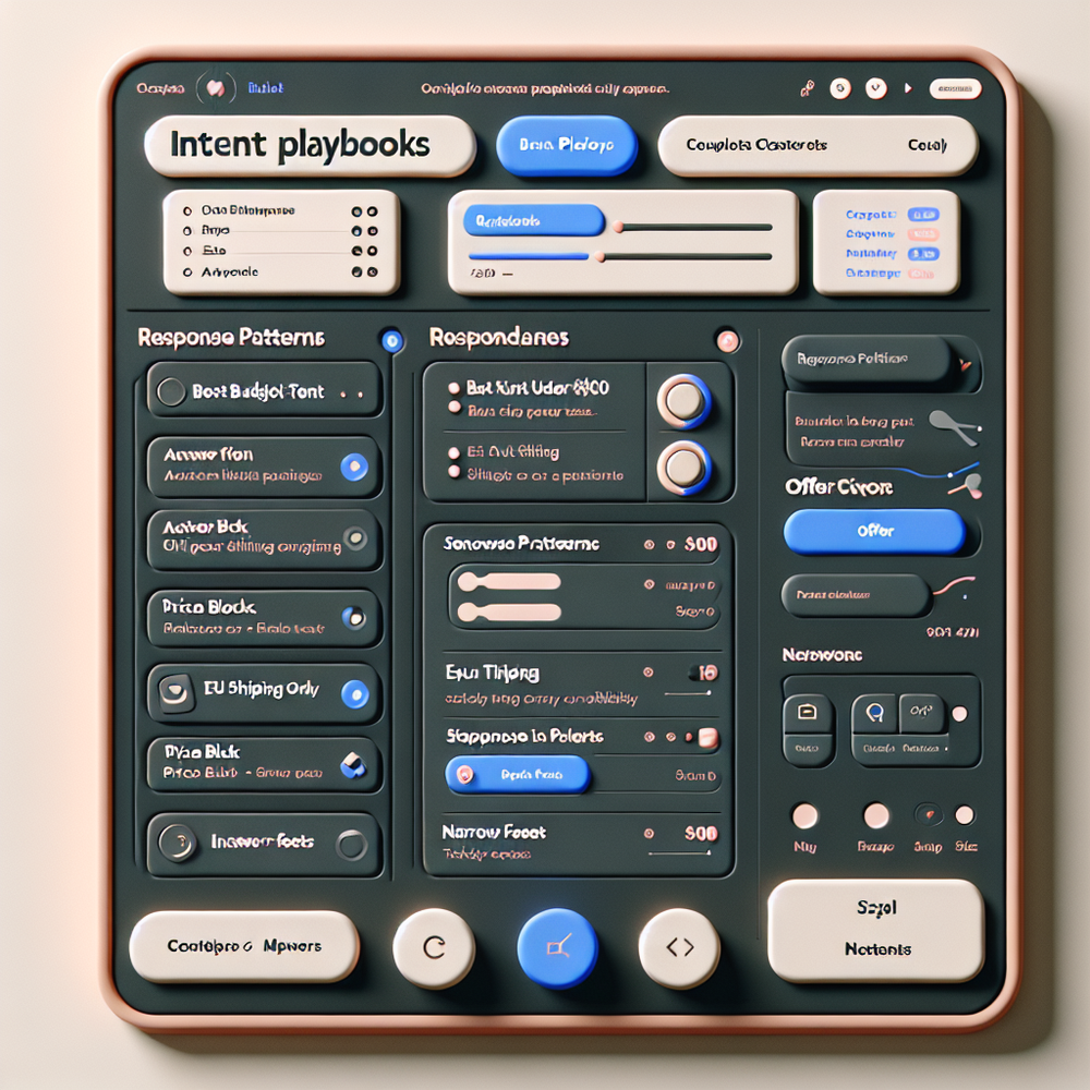Mockup of an Intent Playbooks dashboard configuring AI response patterns and offer rules in a WordPress-like CMS.