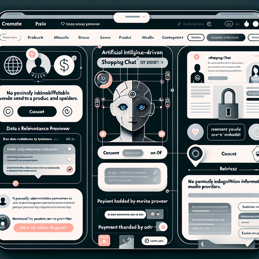 Annotated UX flow of AI shopping chat with inline privacy controls and secure checkout cues.
