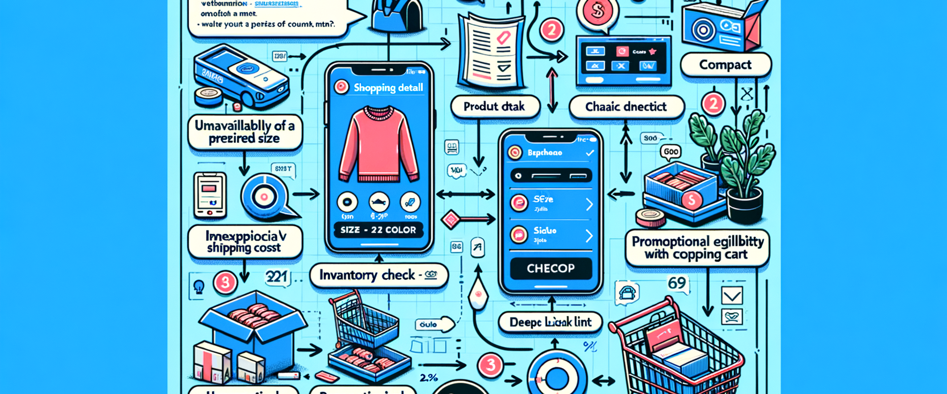 Annotated journey map from AI chat to variant-validated cart and streamlined checkout.
