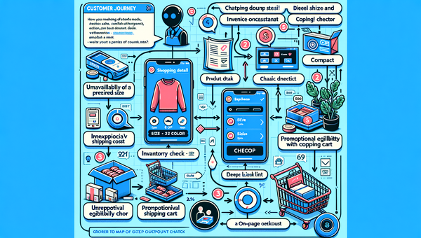 Annotated journey map from AI chat to variant-validated cart and streamlined checkout.