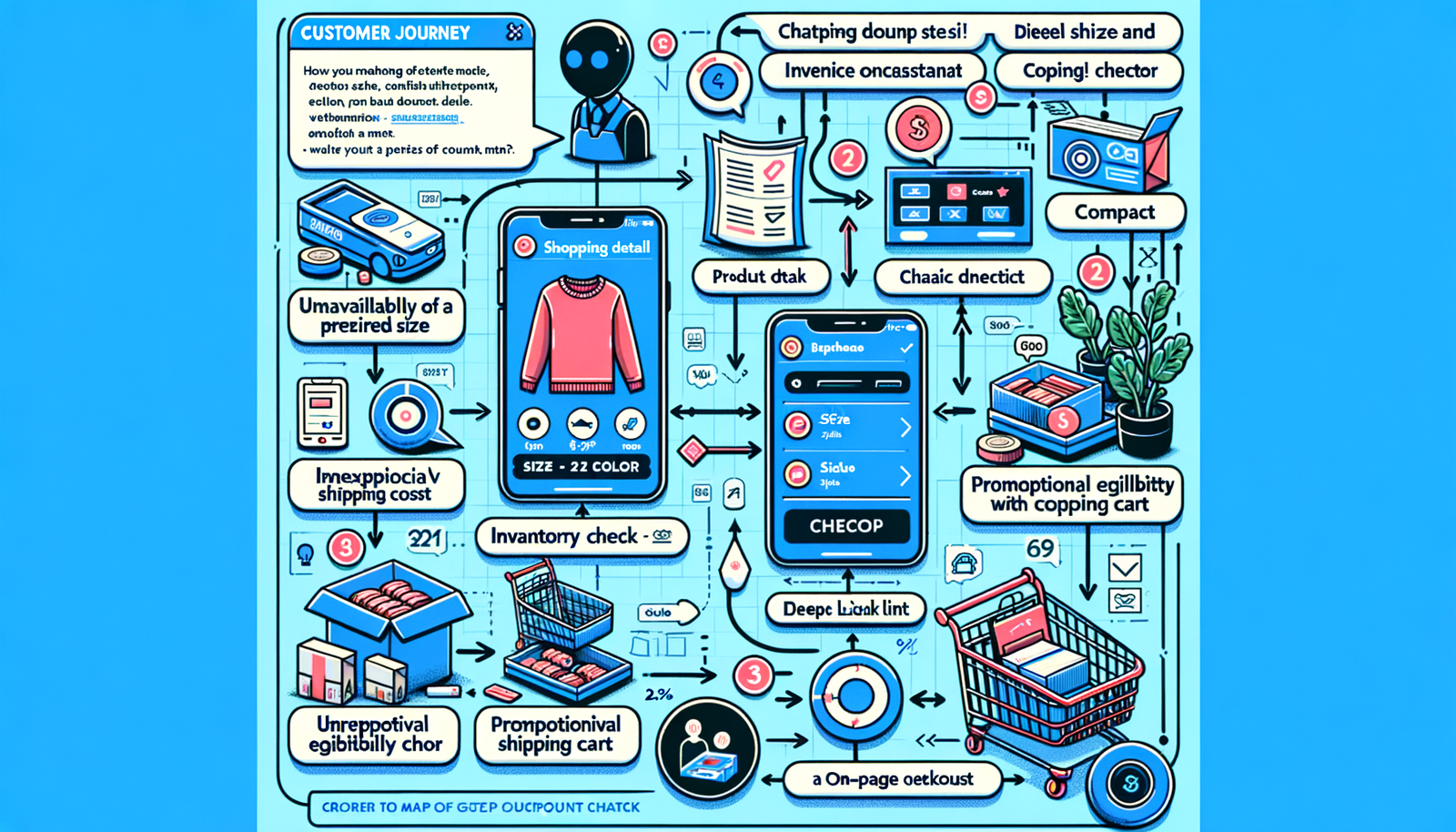 Annotated journey map from AI chat to variant-validated cart and streamlined checkout.