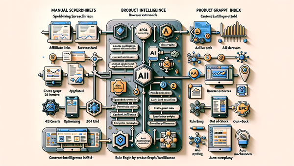 Manual vs AI affiliate link workflow comparison with key steps and failure points visualized.