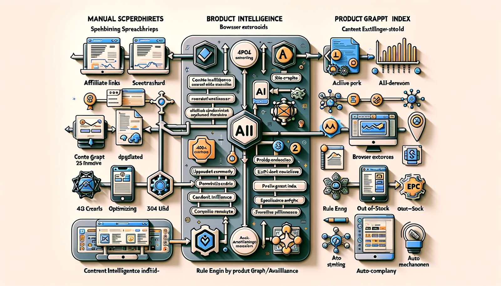 Manual vs AI affiliate link workflow comparison with key steps and failure points visualized.