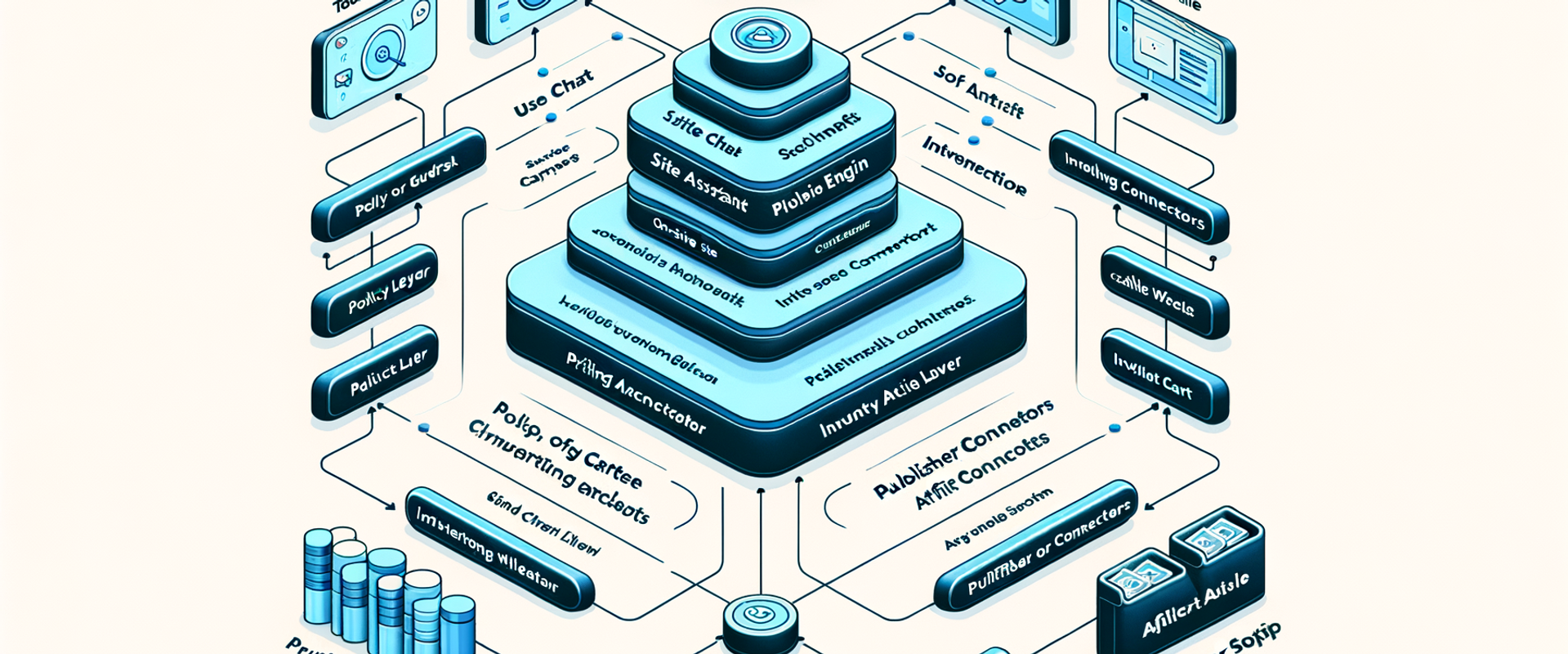 Architecture diagram of an agentic commerce stack with brand/retail assistant and publisher flows.