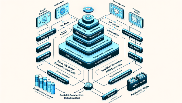 Architecture diagram of an agentic commerce stack with brand/retail assistant and publisher flows.