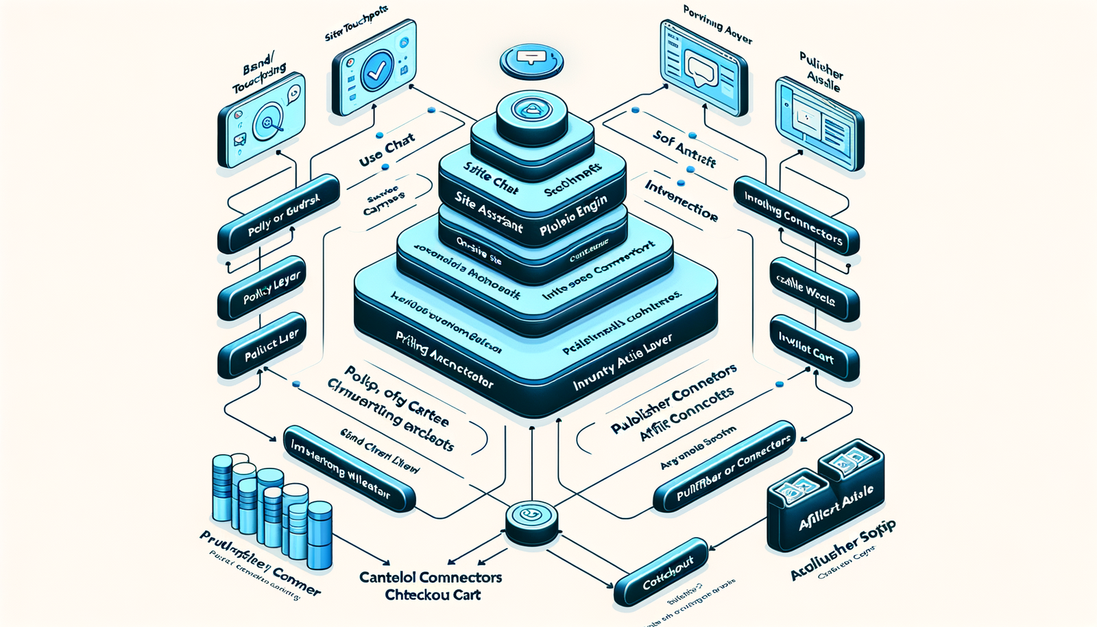 Architecture diagram of an agentic commerce stack with brand/retail assistant and publisher flows.
