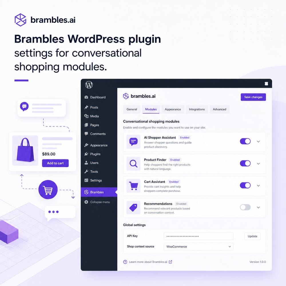 Brambles WordPress plugin settings for conversational shopping modules.