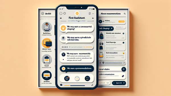 Mockup showing inline affiliate notice, About link, and Sponsored label in a conversational shopping UI.